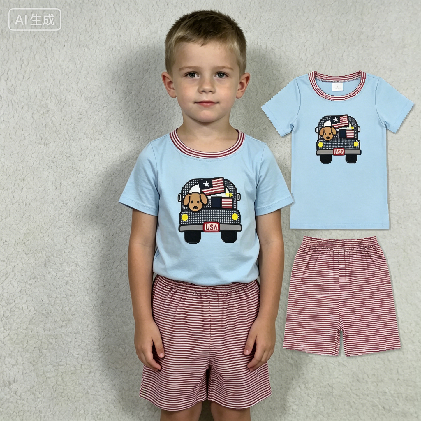 Embroidery BSSO1918 July 4th Dog Truck Blue Short Sleeve Red Shorts Boys Set