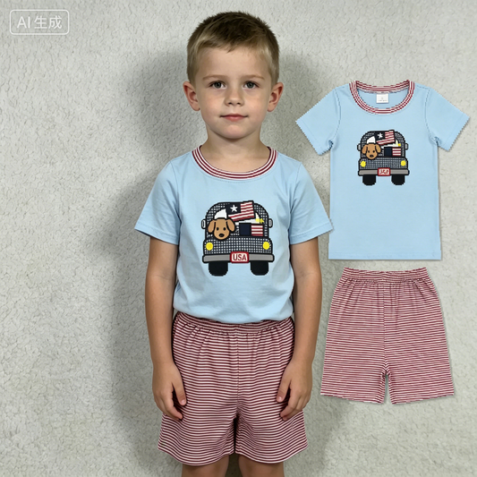 Embroidery BSSO1918 July 4th Dog Truck Blue Short Sleeve Red Shorts Boys Set