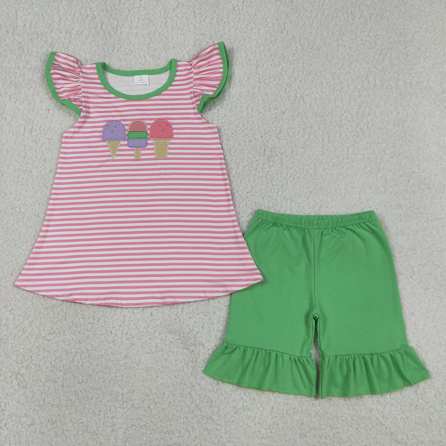 Embroidery GSSO2349 ice pink striped flutter sleeve green shorts girls set