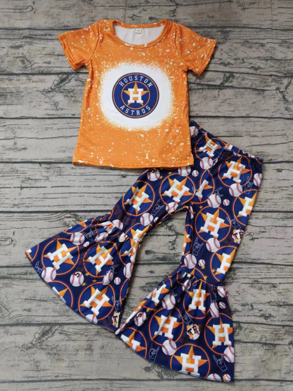 custom H orange short sleeve navy blue pants girls set