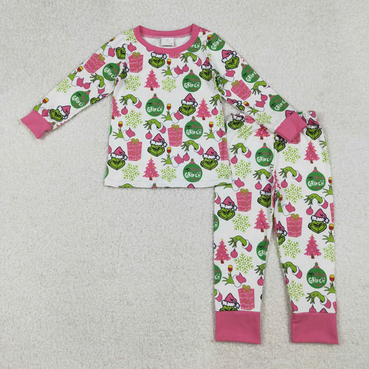 GLP2733 Christmas green face tree hot pink lon gsleeve pants girls pajamas