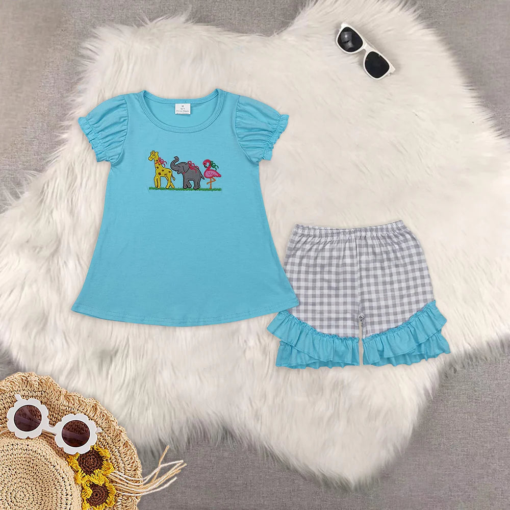 Embroidery cartoon elephant flamingo animals RTS Sibling Clothes