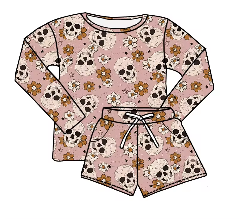 custom style Halloween smile skull flowers pink long sleeve shorts kids set