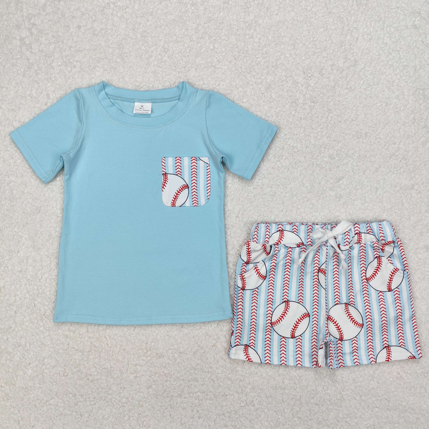 BSSO1317 baseball mint color pocket short sleeve striped shorts boys set