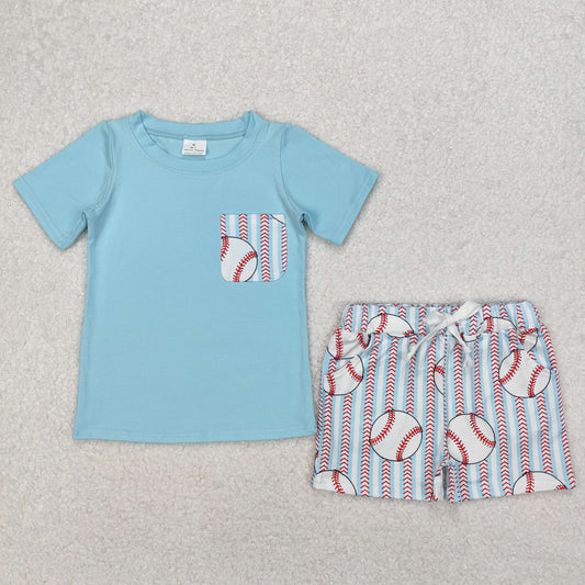 BSSO1317 baseball mint color pocket short sleeve striped shorts boys set