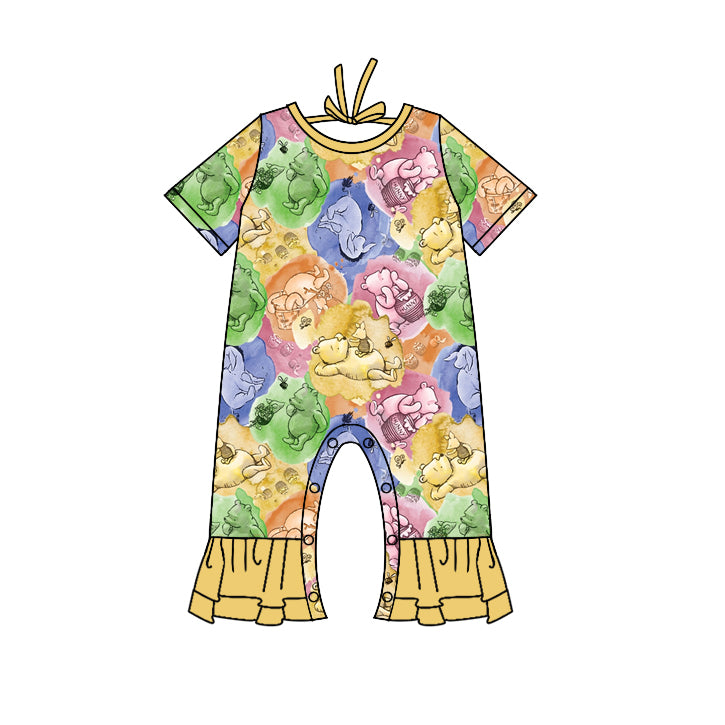 custom Cartoon bear yellow short sleeve girls romper