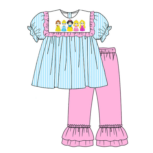 custom style cartoon princess blue striped short sleeve hot pink pants girls set