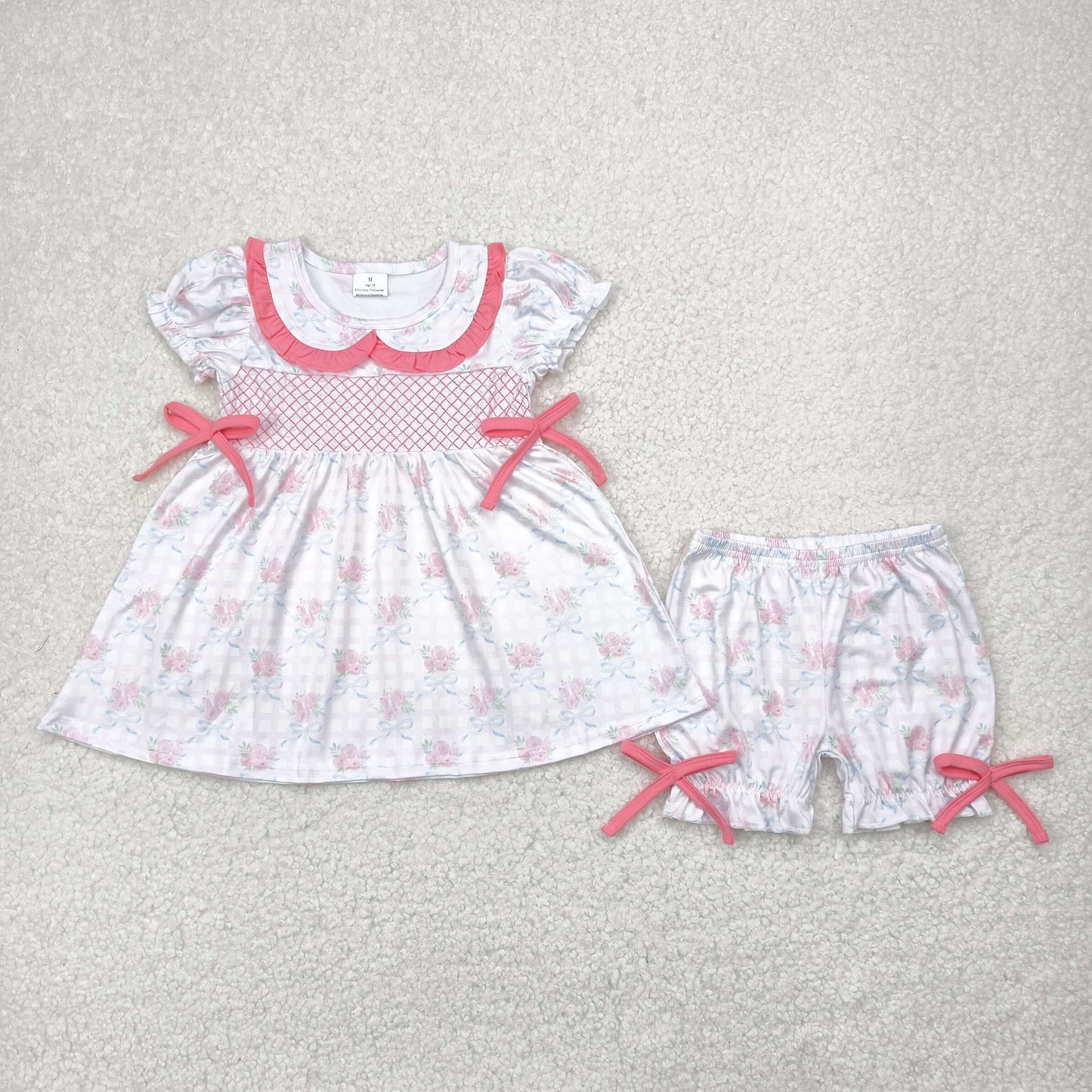embroidery GSSO2368 pink bows with bows flutter sleeve pink shorts girls set