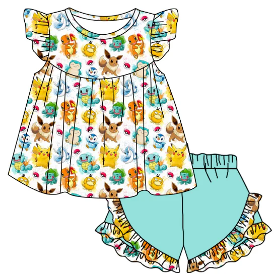 custom moq 3 cartoon animals flutter sleeve blue ruffles shorts girls set