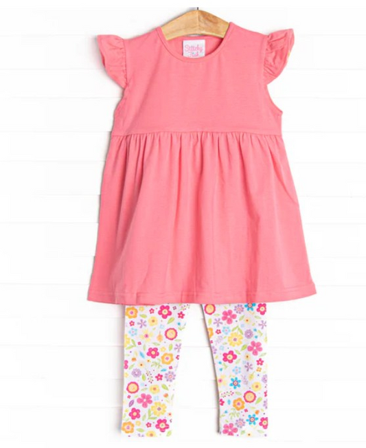 Preorder GSPO1343 Hot Pink Flutter Sleeve Colorful Flowers Pants Girls Set