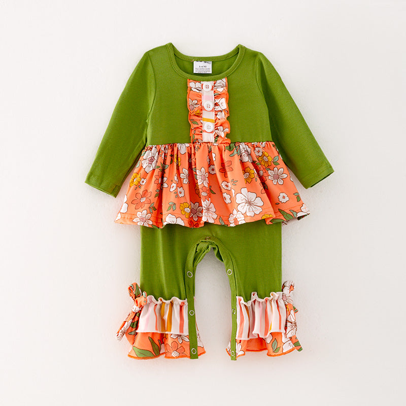 custom style orange flowers ruffles green long sleeve pants girls set