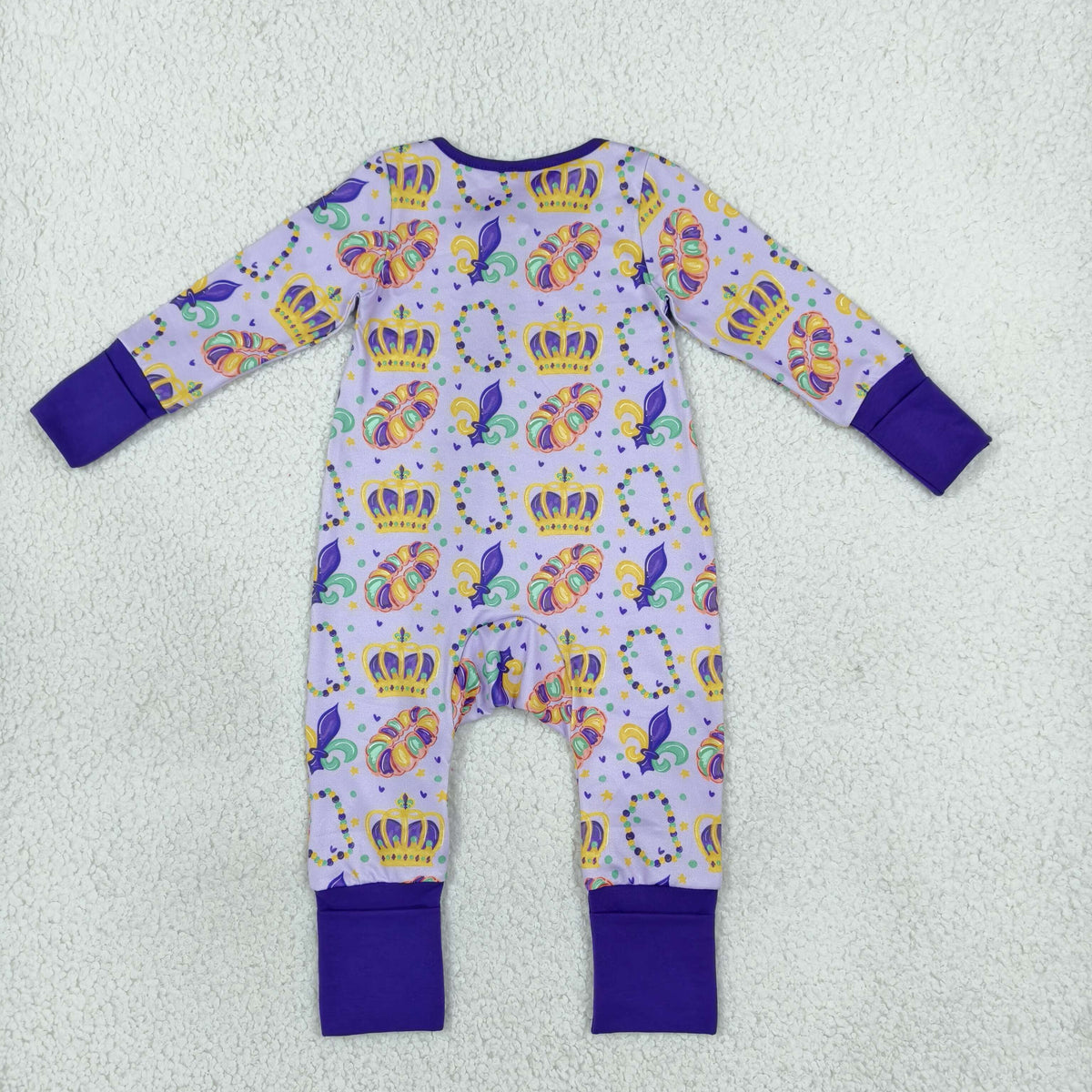 LR3341 Mardi Gras Purple Zipper Long Sleeve Girls Romper