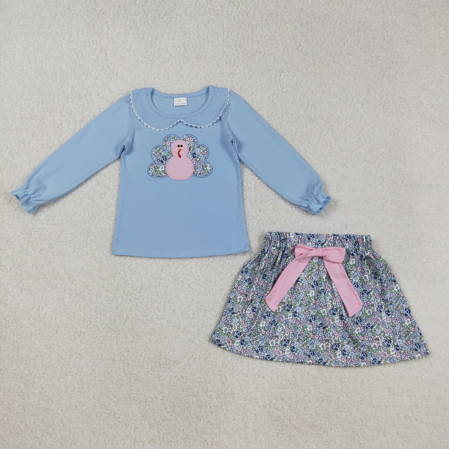embroidery GLD0849 Thanksgiving turkey blue long sleeve floral skirt girls set