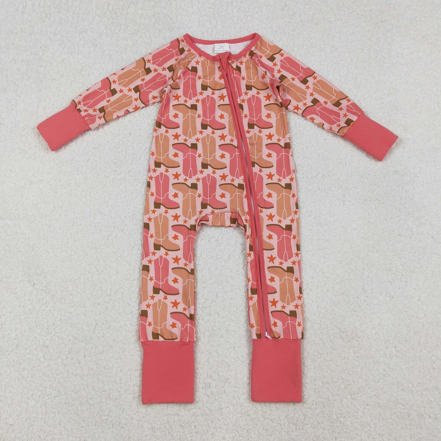 LR2733 Western boots star pink khaki zipper long sleeve girls romper
