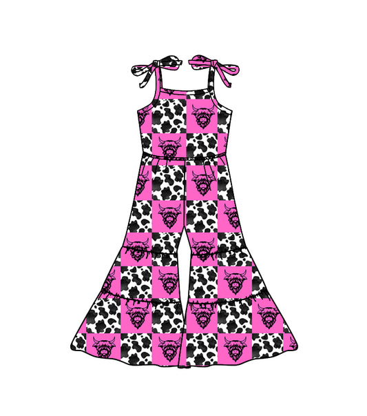 preorder SR0904 SR0904 Highland Cow Hot Pink Cow Print Girls Jumpsuits