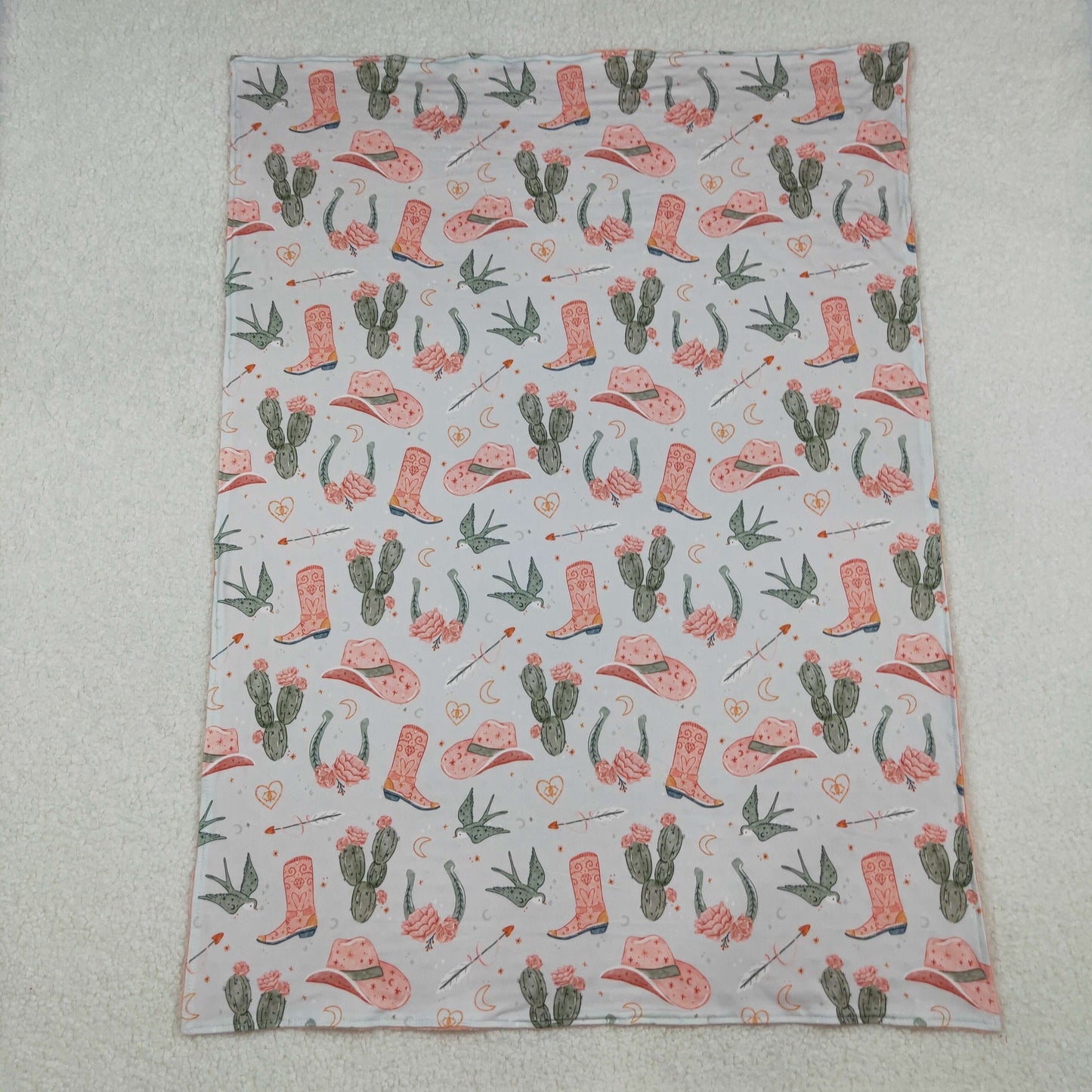 BL0177 Western cactus hat boot pink baby blanket