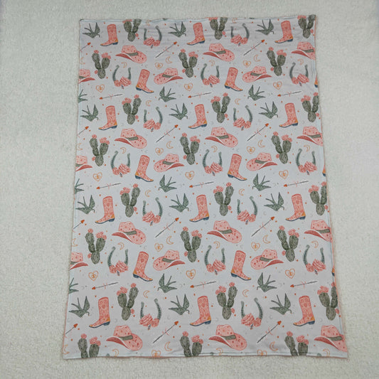 BL0177 Western cactus hat boot pink baby blanket