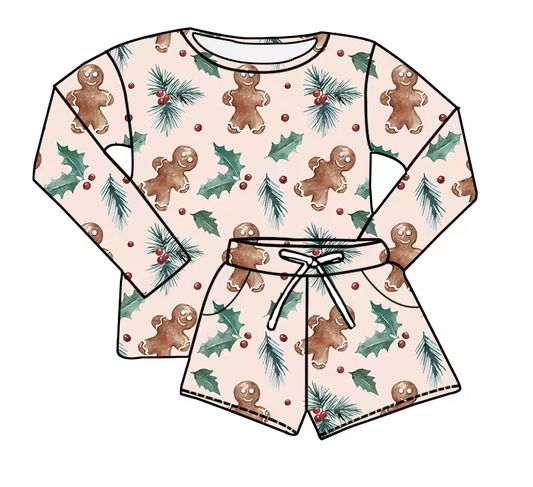 custom style Christmas gingerbread man long sleeve shorts kids set