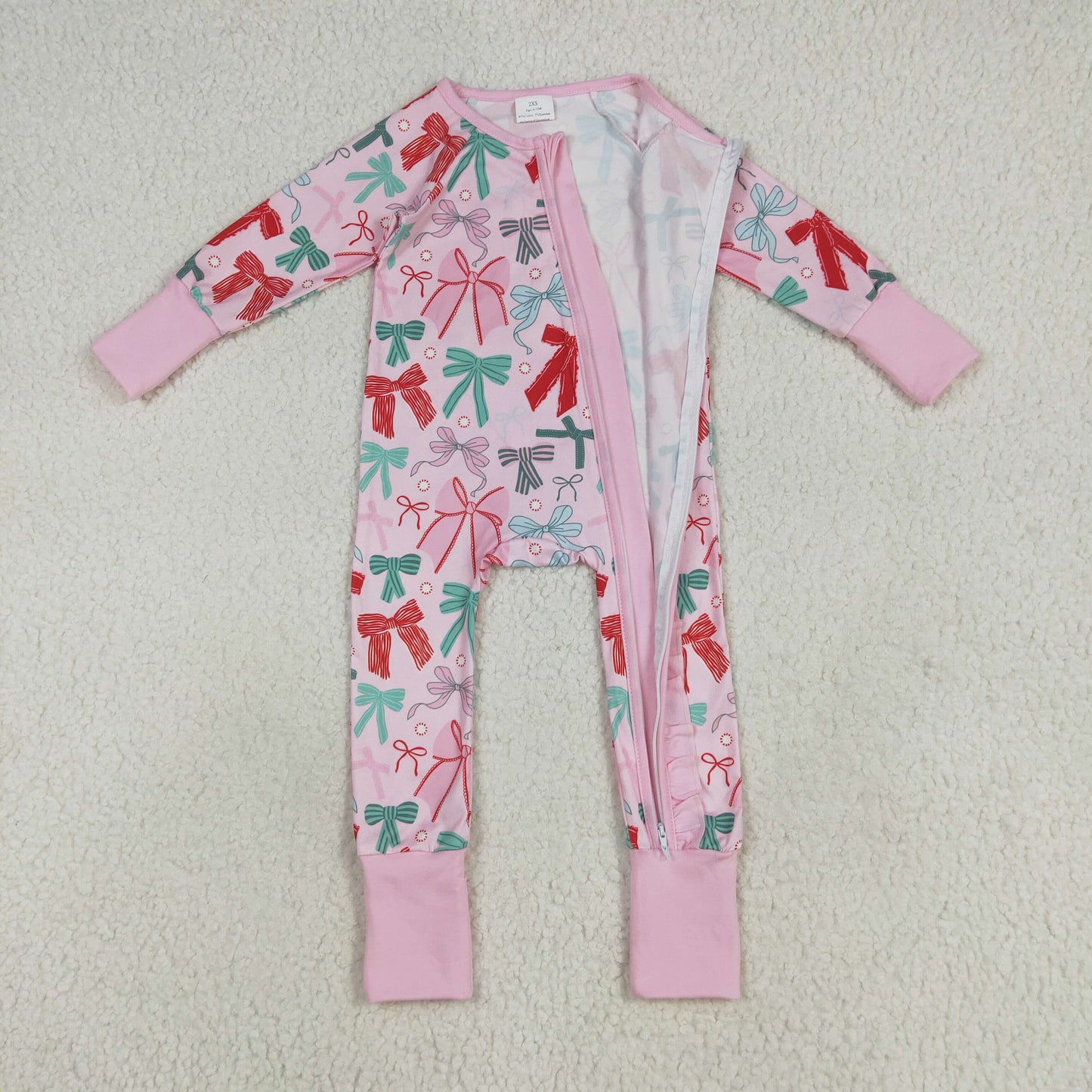 Custom moq 20 bamboo red green bows pink long sleeve zipper girls romper