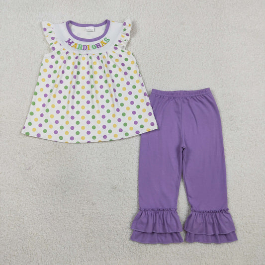 Embroidery GSPO2205 Mardi Gras Dot Flutter Sleeve Purple Pants Girls Set
