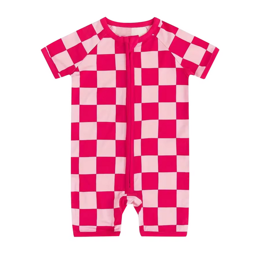 custom hot pink checkered short sleeve girls zipper romper