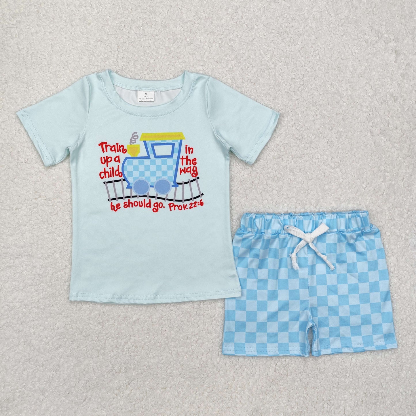 BSSO1128 cartoon train short sleeve blue checkered shorts boys set