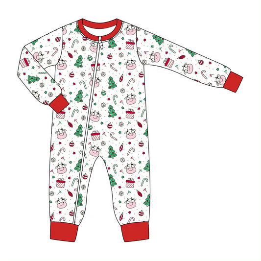 custom S Christmas cane candy tree cow long sleeve boys zipper romper