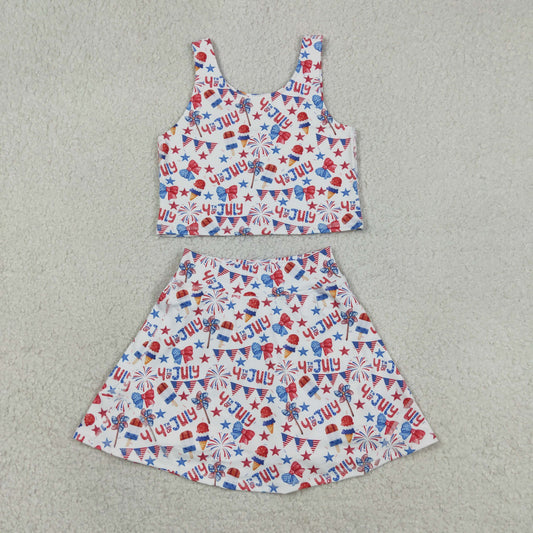 GSD3498 Yoga July 4th USA Bows Ice Sleeveless Skorts Girls Set