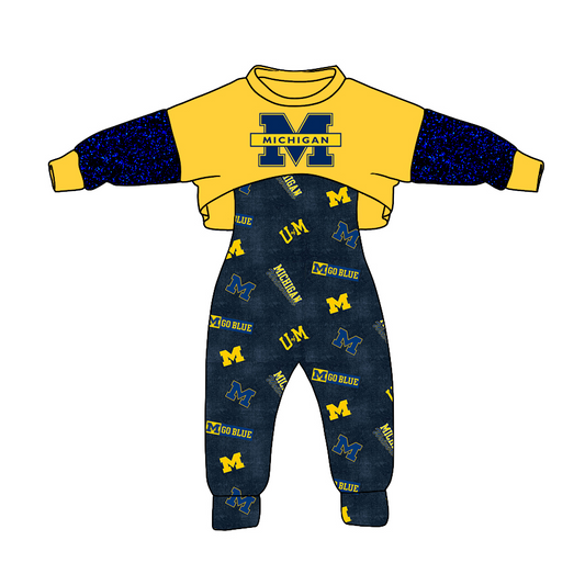 custom M michigan yellow navy blue long sleeve jumpsuits girls set