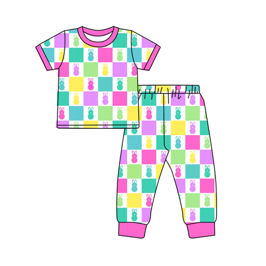 custom moq 3 Easter cute bunny rabbit colorful checkered short sleeve pants girls pajamas