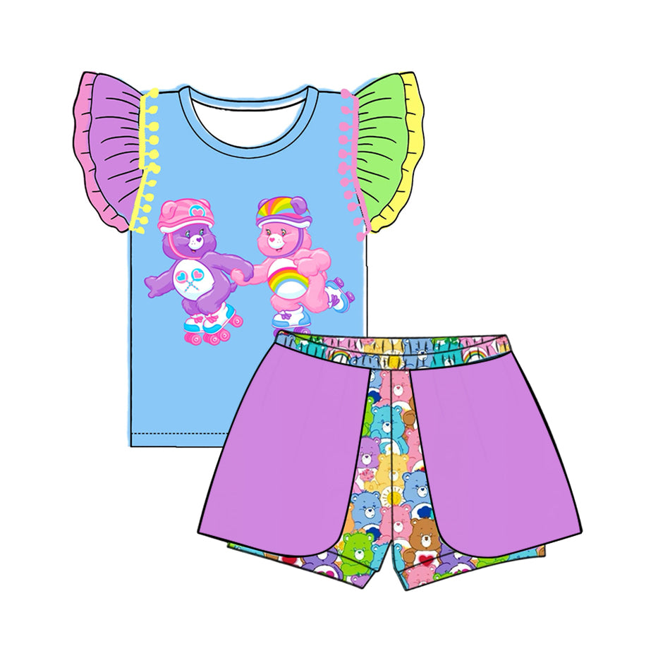 custom style cartoon cute bear colorful blue flutter sleeve purple shorts girls set tat 6-8weeks