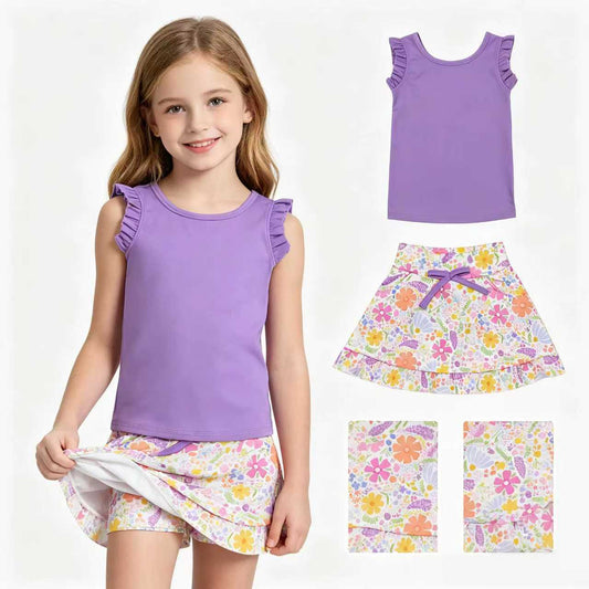 GSD3771 Yoga Purple Sleeveless Flowers Skorts Girls Set