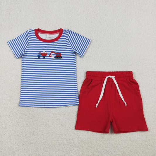 Embroidery BSSO1671 Construction Truck Baseball Blue Striped Short Sleeve Shorts Boys Set