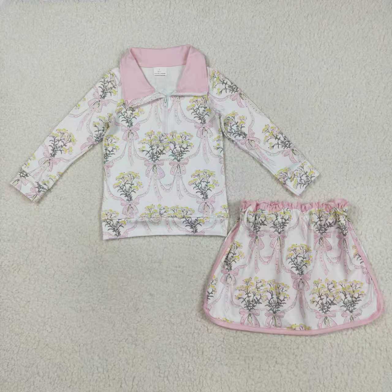 flowers style zipper long sleeve skort milk silk girls set RTS Sibling Clothes