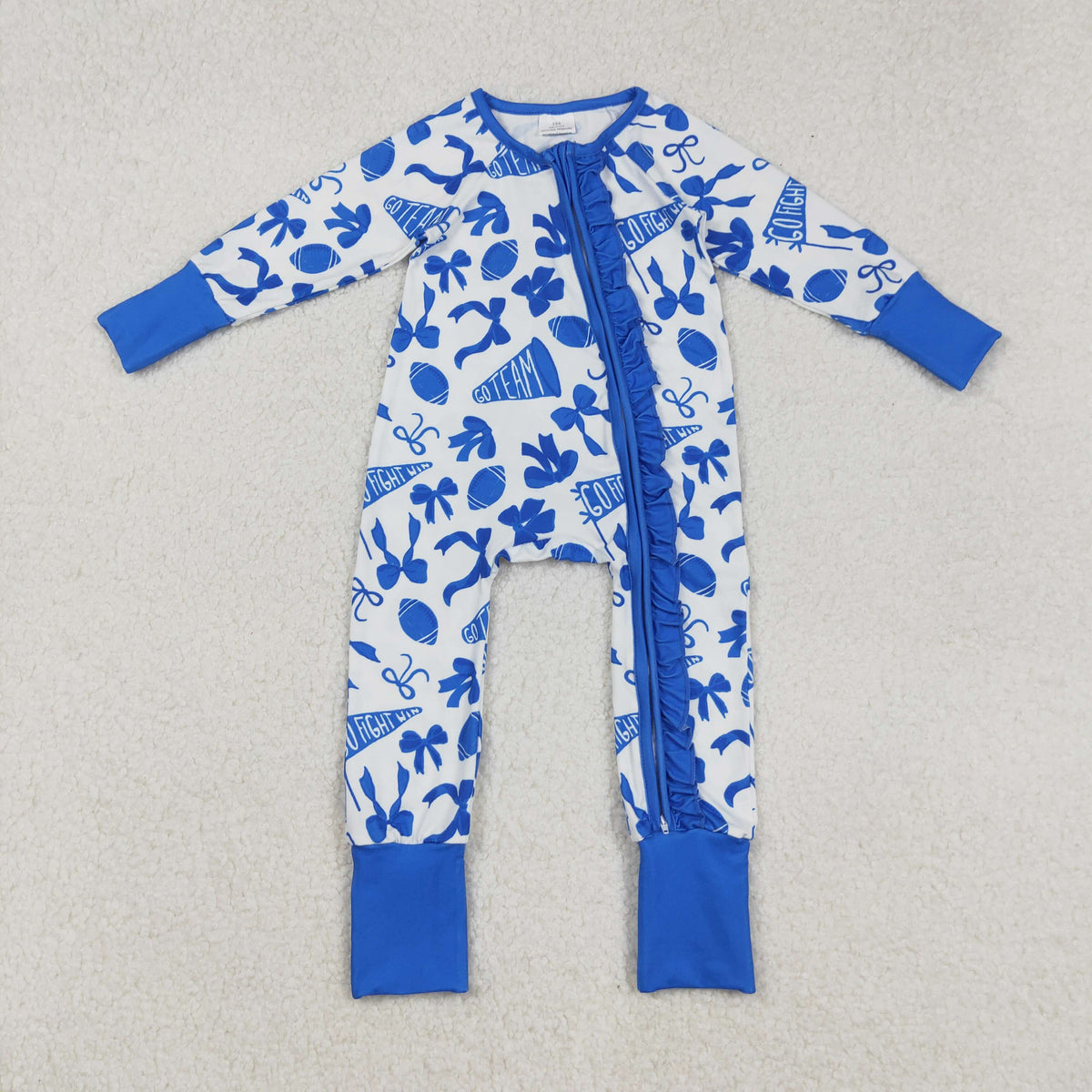 LR2511 cheer blue football bows zipper long sleeve girls romper