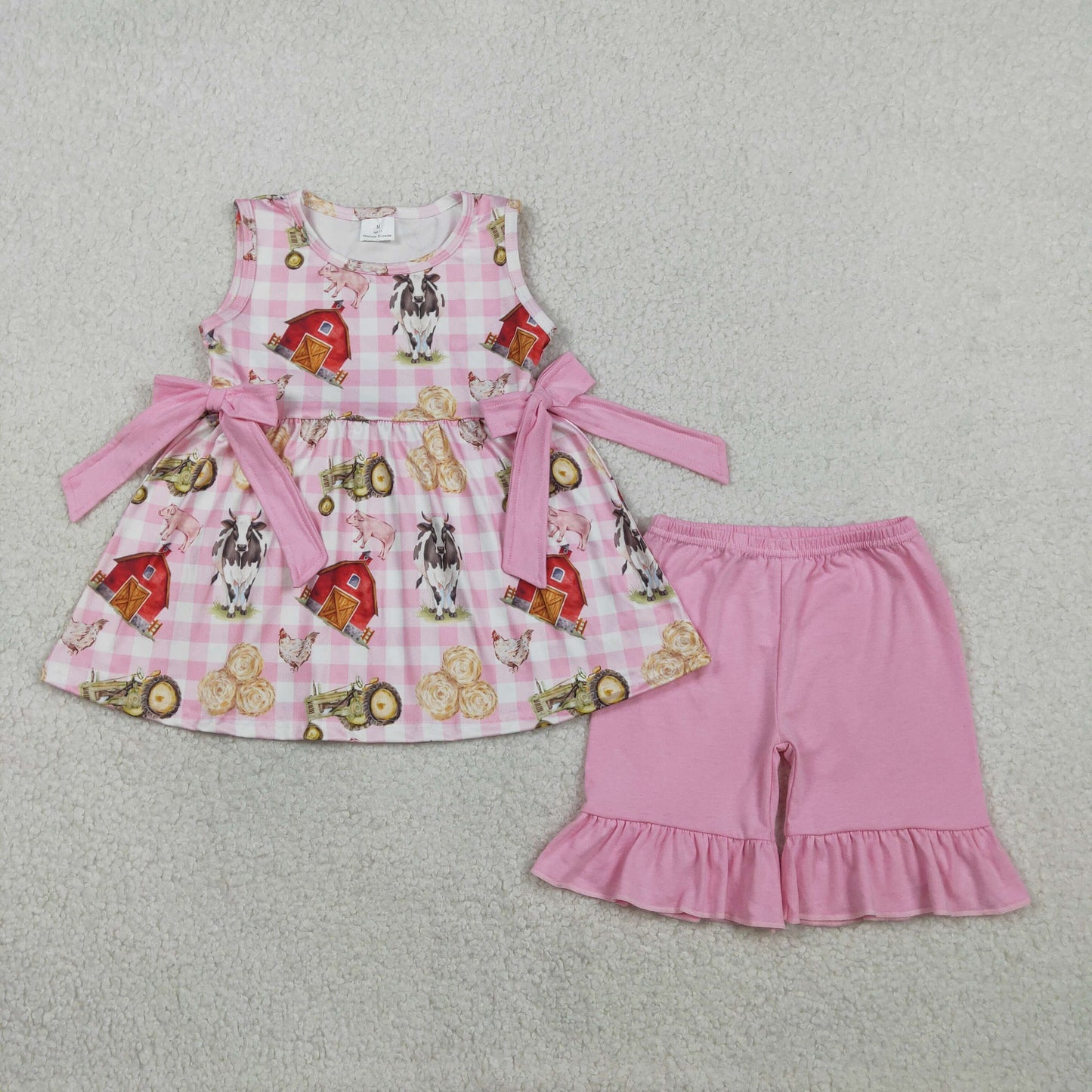 GSSO3100 Farm Cow House Tractor Sleeveless Pink Shorts Girls Set
