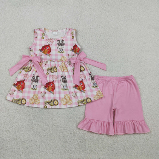 GSSO3100 Farm Cow House Tractor Sleeveless Pink Shorts Girls Set