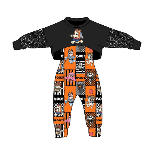 custom S 8.4 Halloween dog long sleeve jumpsuits girls set