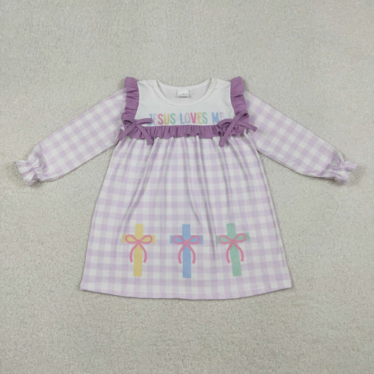 GLD1356 Easter Jesus love me cross bows purple checkered long sleeve girls dress