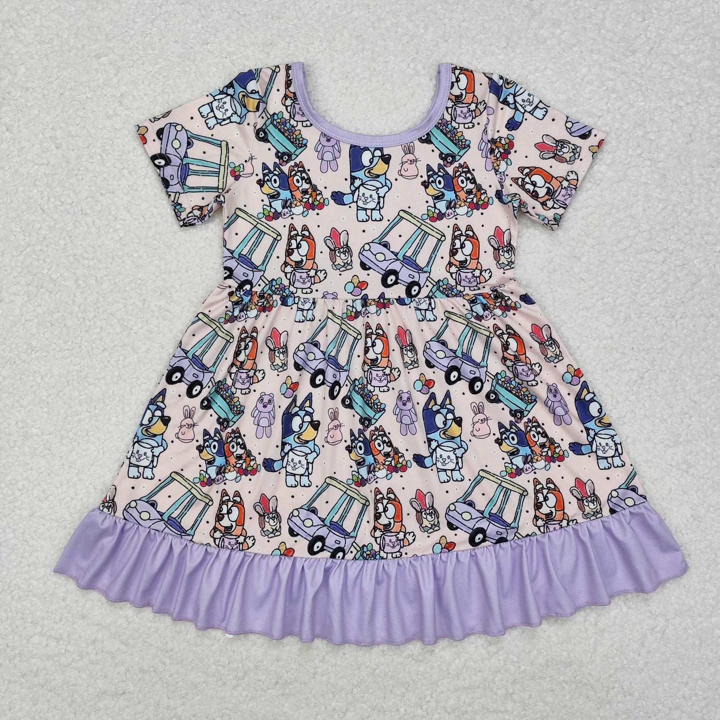 GSD1491 Easter cartoon blue dog bunny rabbit purple short sleeve girls dress