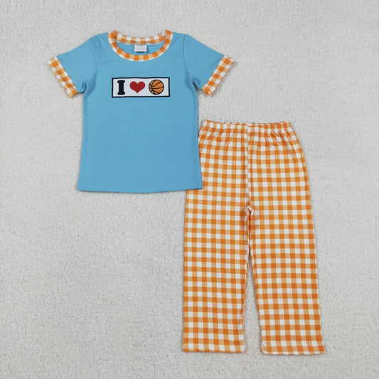 Embroidery BSPO0619 l love basketball blue short sleeve orange checkered pants boys set