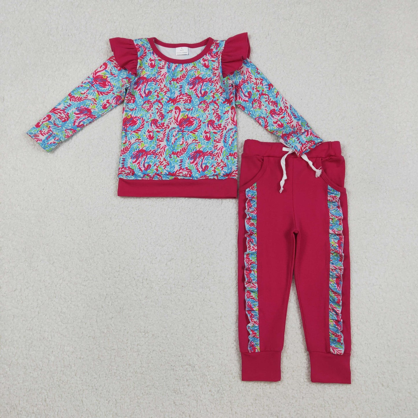 GLP2831 colorful  tropical print long sleeve hot pink pants girls set