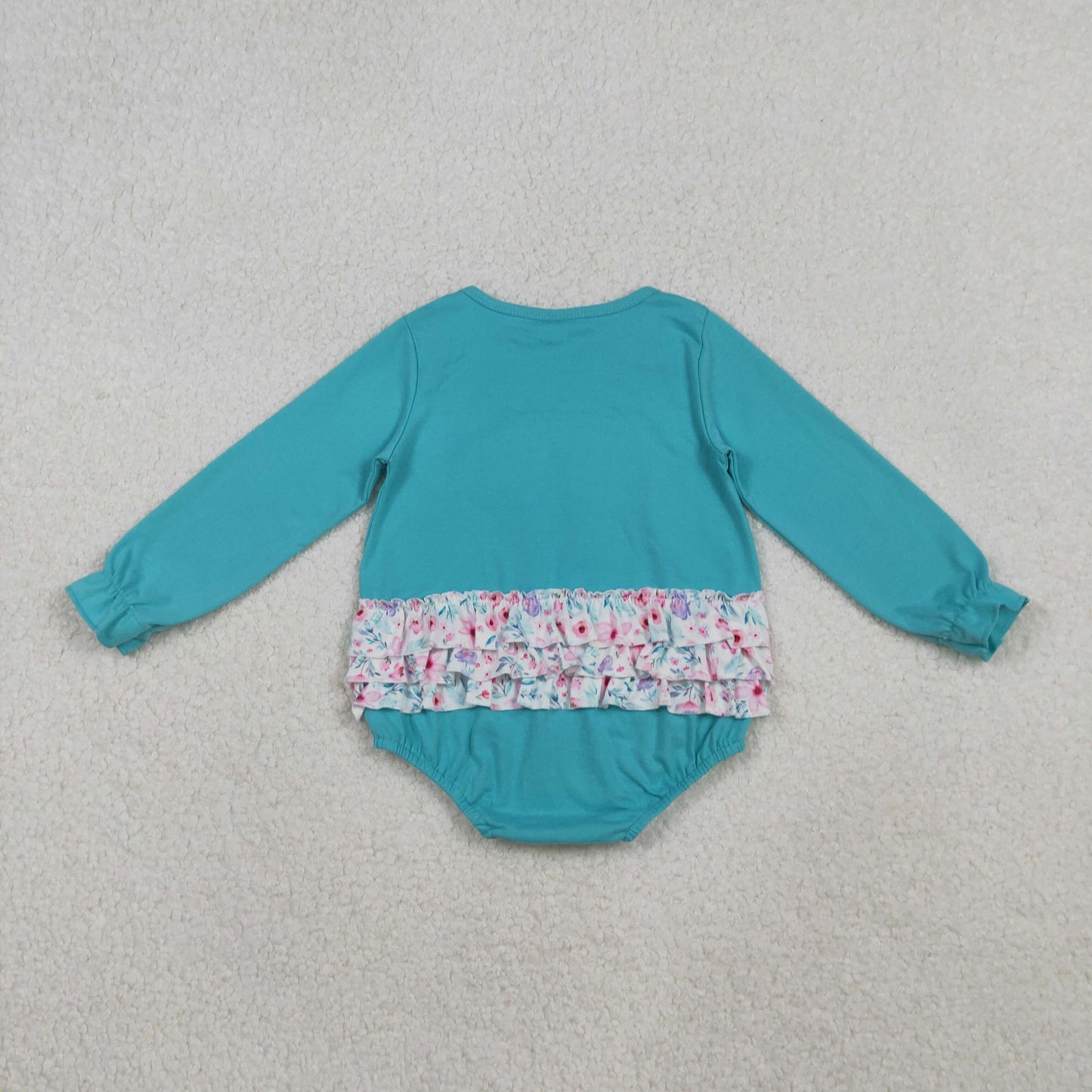 embroidery LR2432 mint color green flowers bow long sleeve girls romper