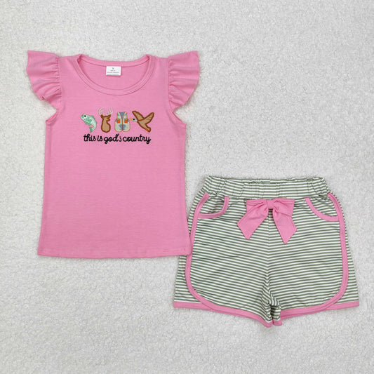 USA SHOP embroidery GSSO1614 this is god's country hunting mallard deer fish hot pink flutter sleeve striped shorts girls set