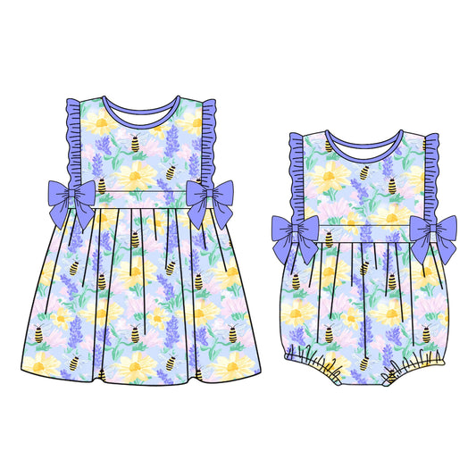 custom moq 5 Flowers Bee Purple Dress/Romper Sibling Clothes