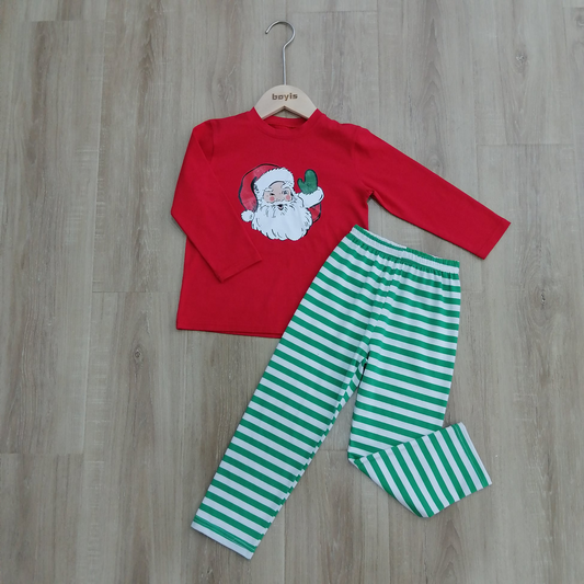 preorder BLP0477 Christmas Santa red long sleeve green striped pants boys pajamas