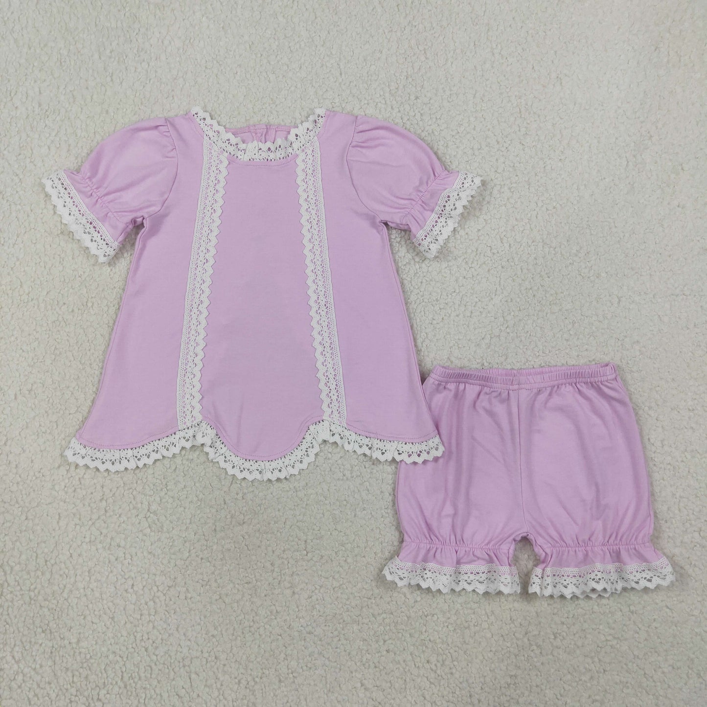 GSSO3681 Pink Lace Short  Sleeve Shorts Girls Set