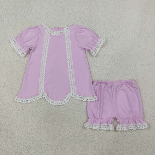 GSSO3681 Pink Lace Short  Sleeve Shorts Girls Set
