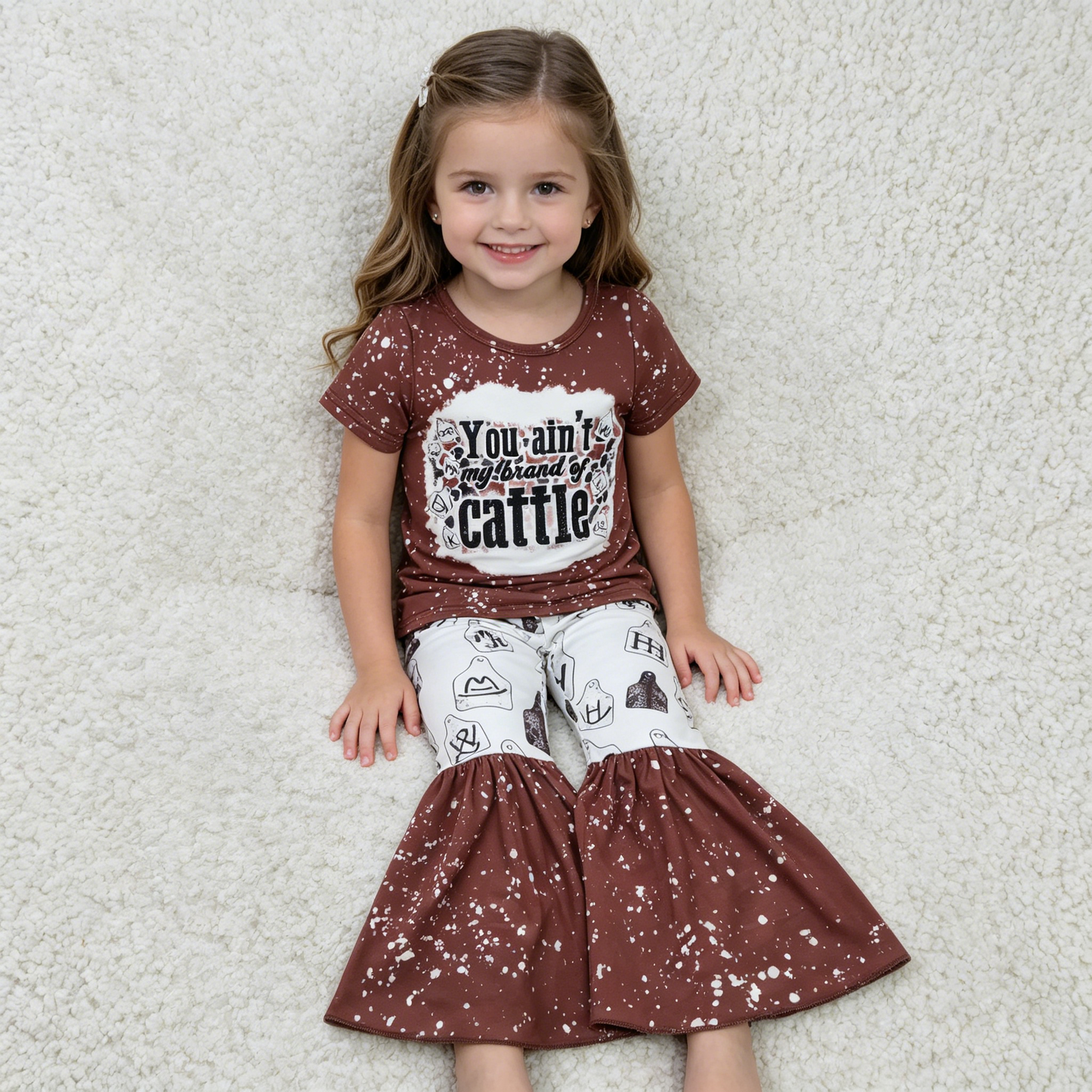 GSPO0355 Brown You Ain't My Brand Of Cattle Western Girls Bell-Pants Set