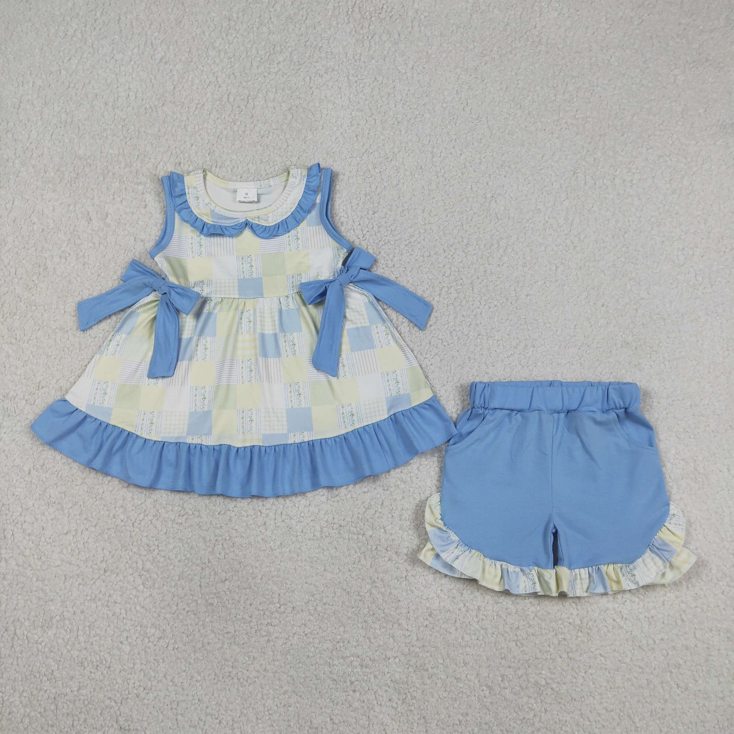 GSSO3439 Blue Bows Sleeveless Blue Shorts Girls Set